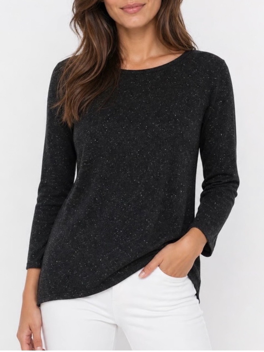 LOFT Soft Dark Gray Speckled 3/4 Length Sleeve Crewneck Top